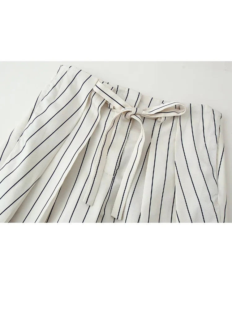 HH Women 2026 New Fashion Versatile Beige Striped Puffy Sleeve Shirt+High Waisted Loose Pleated Casual Long Pants Two Piece  Set