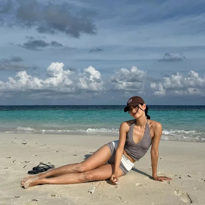 Sexy V-neck Small Chest Gathered To Cover The Belly Exposed Back Fashionable Checkered Flat Angle Pants Split Swimsuit for Women