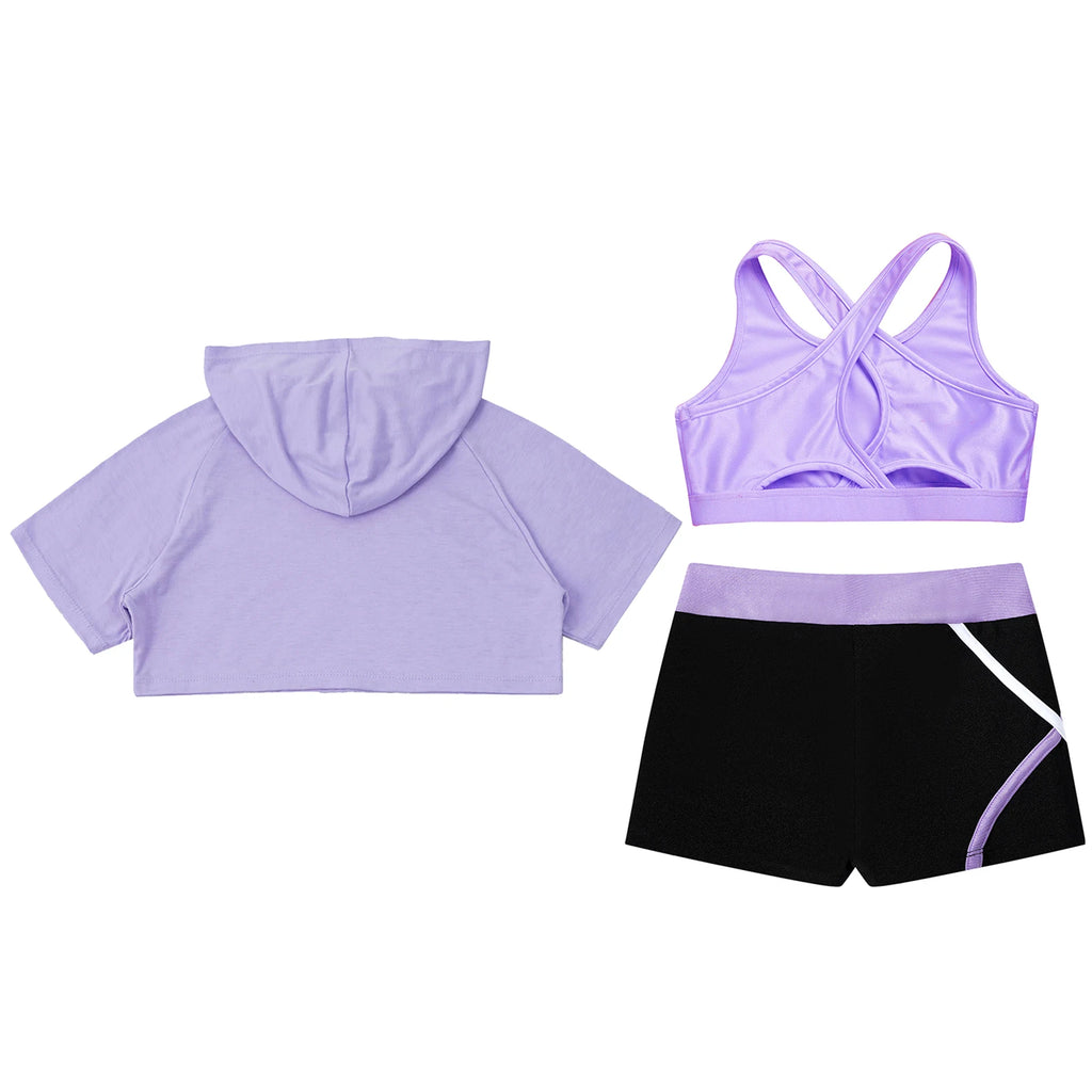 3Pcs Girls Sports Set Vest+Hooded Crop Top+Shorts Sportswear Set for Child Dance Yoga Running Cycling Workout Costume Activewear