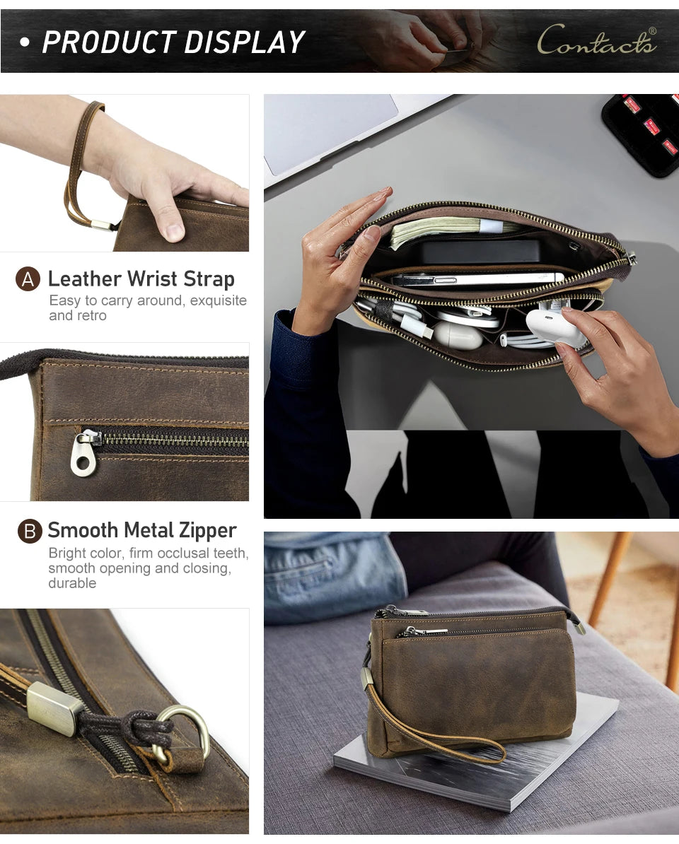 CONTACT'S Genuine Leather Men Clutch Bag Design Handbag Long Wallet Male Purse Travel Charge Storage Bag Cable Organizer
