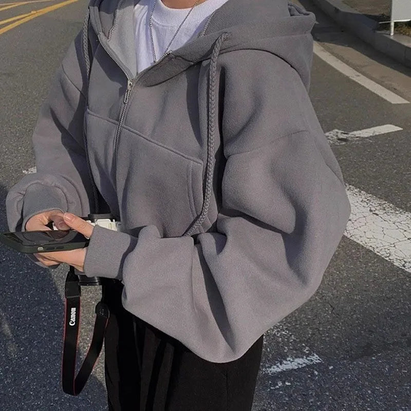 Korean Hood Shirt Women Fashion Fleece Lined Loose Hoodies Zipper Long Sleeve Crop Tops Harajuku Female Jackets Coats Sweatshirt