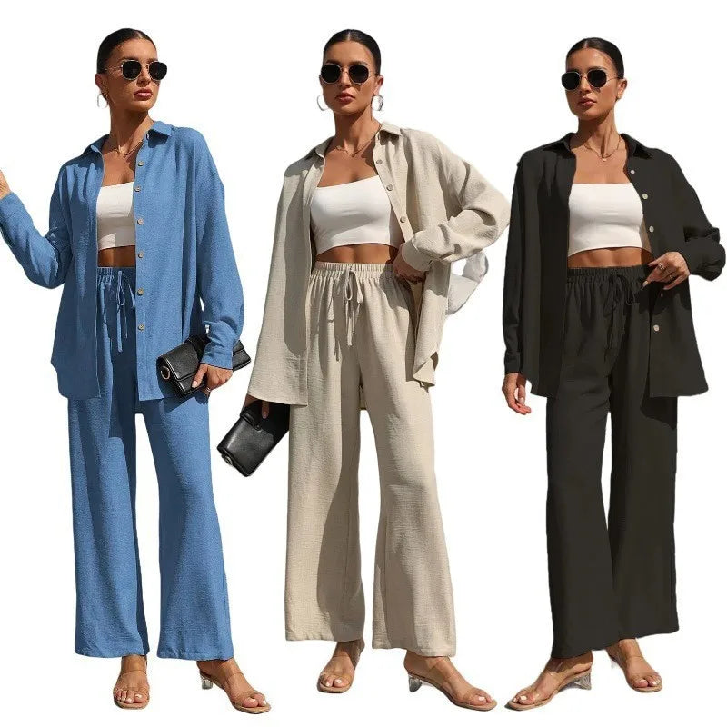 Plus Size Casual Loose Two-Piece Set Wide Leg Pants Long Sleeve Shirt Light Beige Street Style Elegant Quality Polyester Summ...