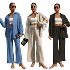 Plus Size Casual Loose Two-Piece Set Wide Leg Pants Long Sleeve Shirt Light Beige Street Style Elegant Quality Polyester Summ...