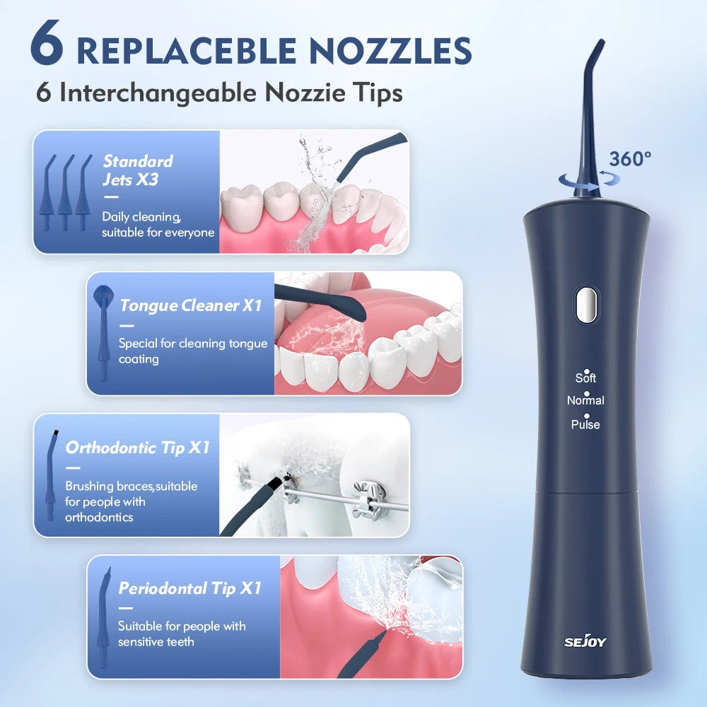 Sejoy Portable Electric Oral Irrigator Dental Water Flosser 6 Jets 3 Modes Rechargeable Smart Dental Water Jet Teeth Cleaner