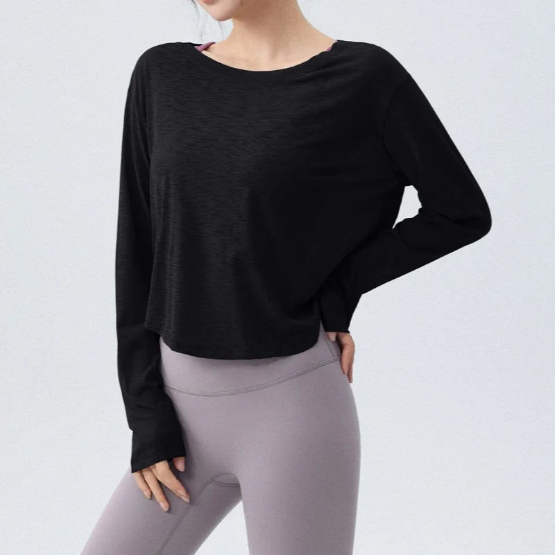DRUR Women's Long Sleeve Yoga T-Shirts, Loose Fit Sports Fitness Crop Tops Casual Lightweight Thin Shirt For Gym Street Travel