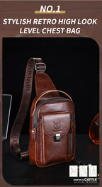 BULLCAPTAIN Men's Genuine Leather Chest Bag Casual Retro 7.9-inch Mobile Phone Bag Multifunctional Anti-Theft Crossbody Bag