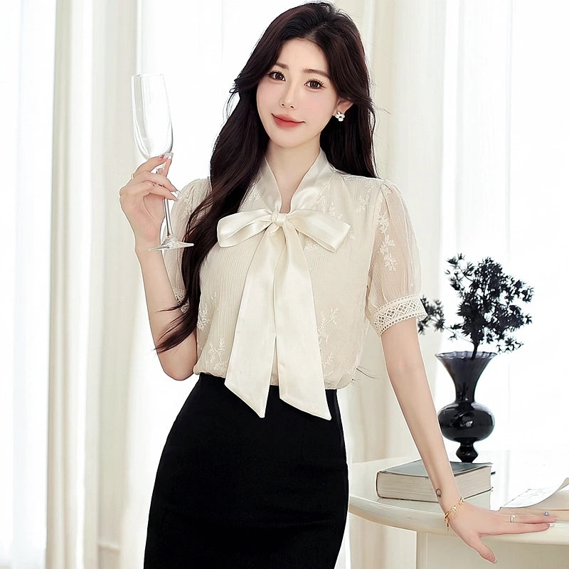 Blouses Shirts Women Blouse Shirt New Summer Bow Collar Embroidery Blouse Shirt Women Tops Short Sleeve Blusas Para Mujer Q4102