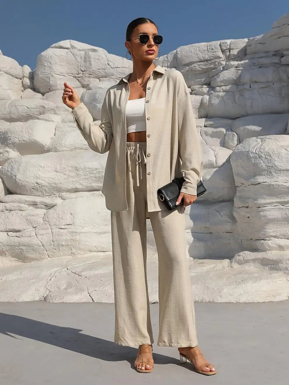 Plus Size Casual Loose Two-Piece Set Wide Leg Pants Long Sleeve Shirt Light Beige Street Style Elegant Quality Polyester Summ...