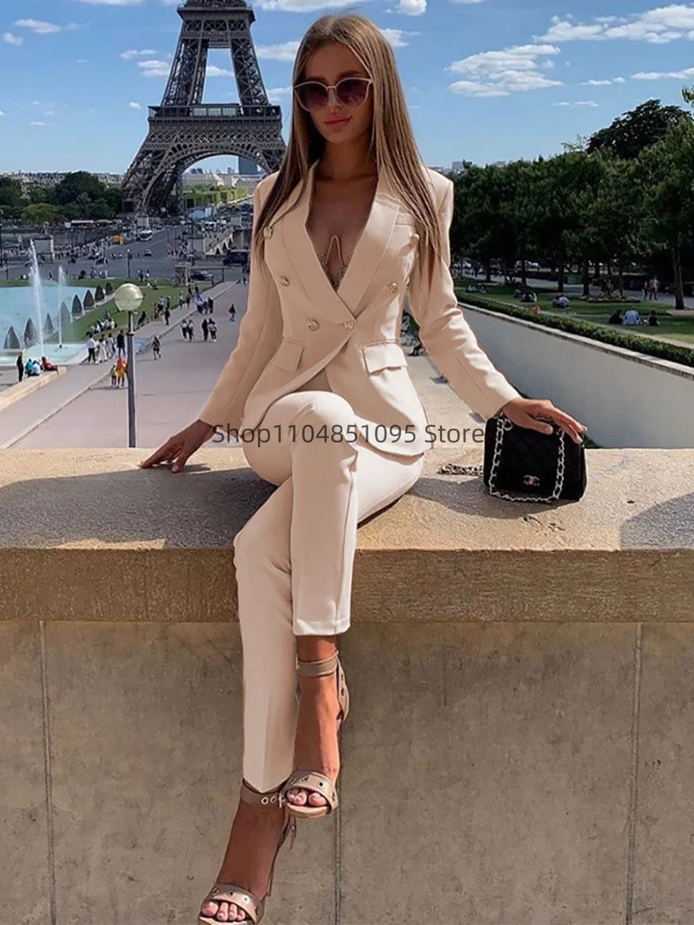 New Elegant Pant Suits Women's Western-Style Beige 2PCS Set Smooths Your Silhouette Through Commuting Casual Women Suits Set