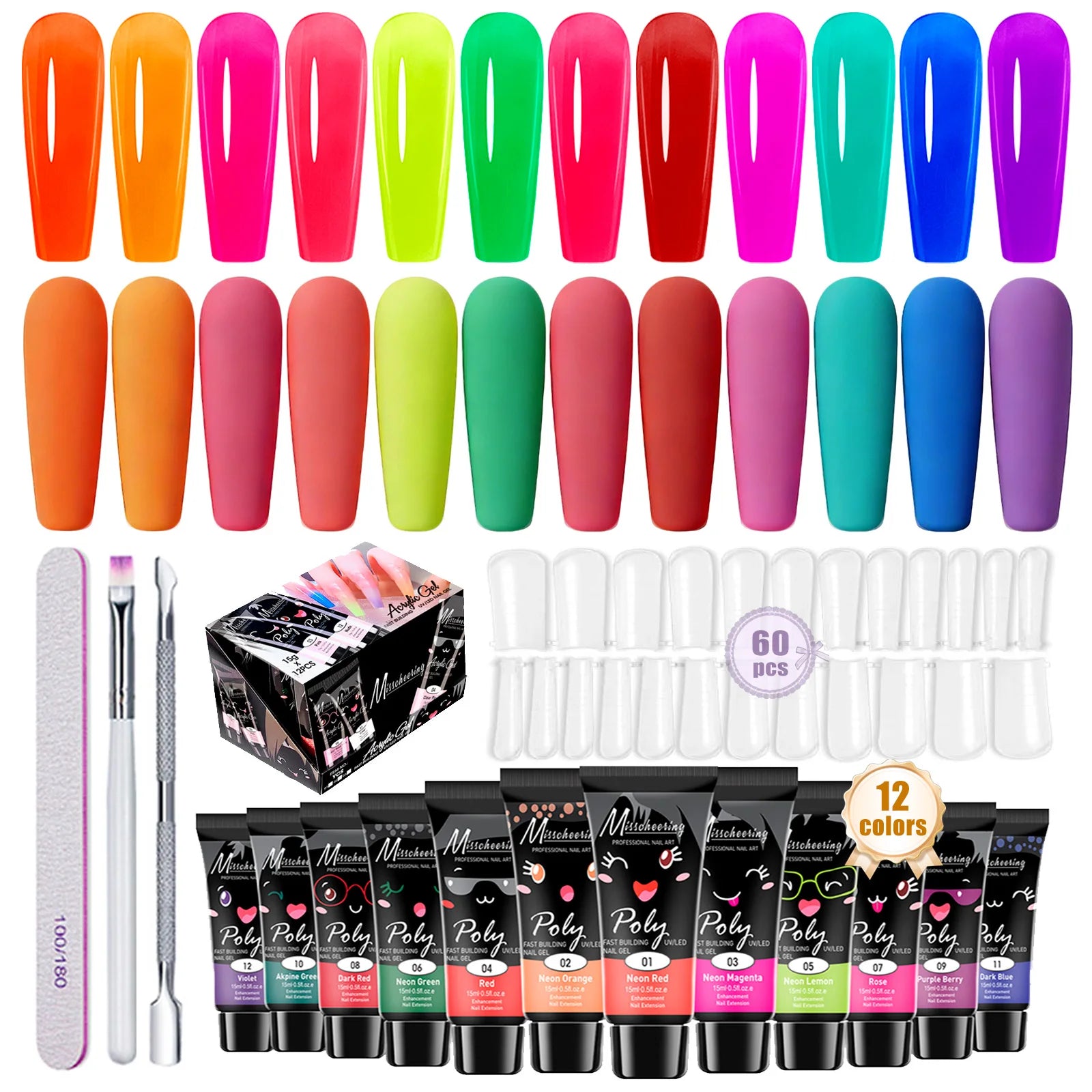 Poly Gel Nail Colors: 12 Colors Nail Extension Gel Kit Bright Rainbow Pink Purple Blue Color Collection Poly Gel Nail Kit Main image