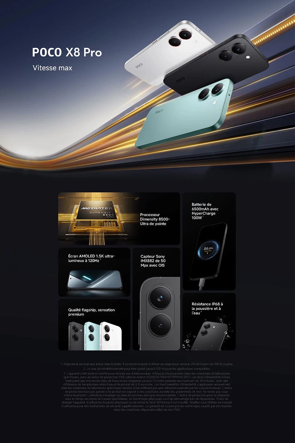 POCO X8 Pro 5G,NFC,Dimensity 8500-Ultra,6.59 inches,120 Hz,50 MP camera, 6500 mAh, IP68 resistance to dust and water
