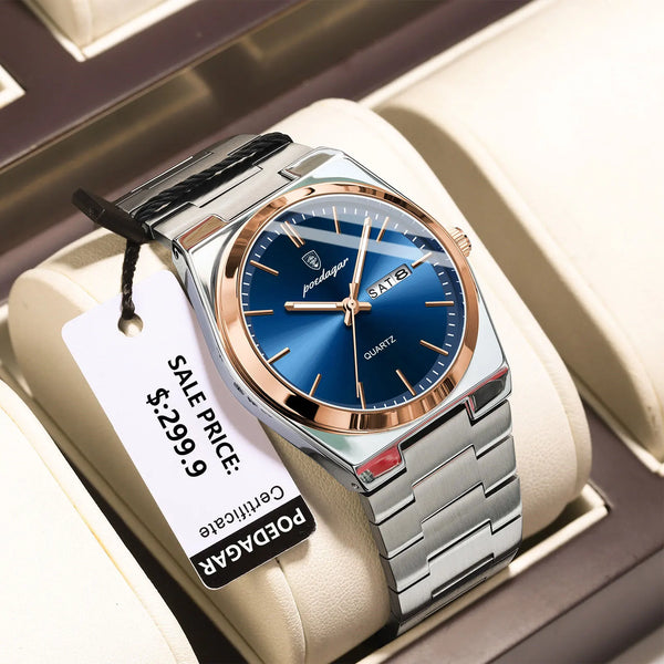 POEDAGAR Luxury Men's Watches Waterproof Luminous Date Week Men Watch Stainless Steel Casual Fashion Quartz Man Wristwatch Reloj