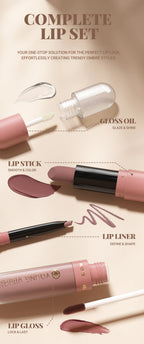 4pcs/Set Long Lasting Waterproof Lip Makeup Kit - Soft Smooth Creamy Lipliner Lipstick & lip gloss lip oil Set