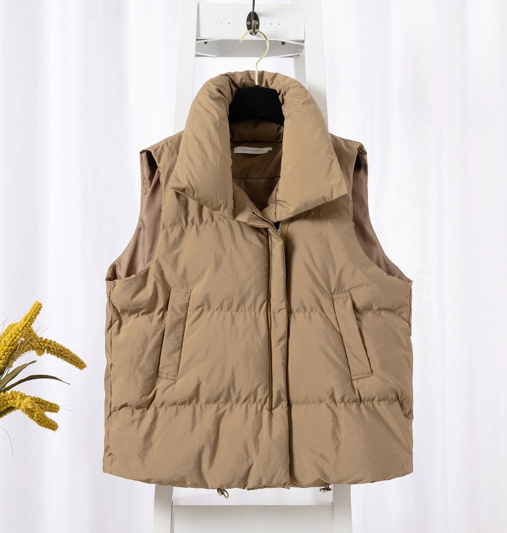 Women Fashion Autumn New 2024 Stand Collar Elegant Down Coats Warm Outerwear Casual Belt Sleeveless Winter Women Vests Jackets