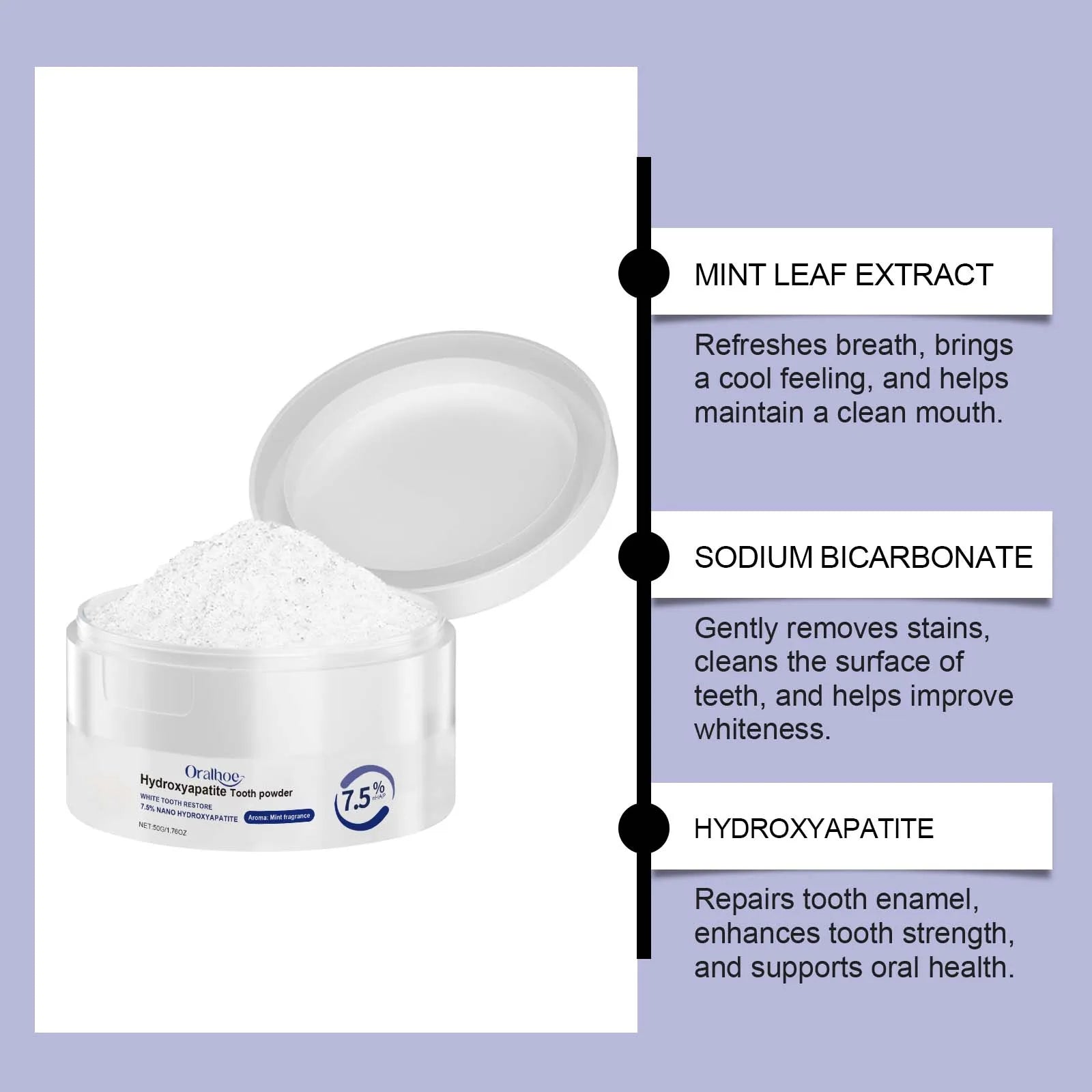 Oral Care Deep Cleaning Whitening Tooth Powder with 7.5% Hydroxyapatite - Remineralizing Cool Mint Enamel Repair Fresh Breath