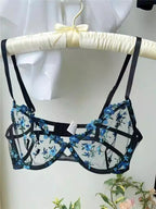 YUQI French Luxury Lingerie Set - Sexy Floral Embroidery Black Bra & Panty Set, Sheer Transparent Seductive Women's Intimates