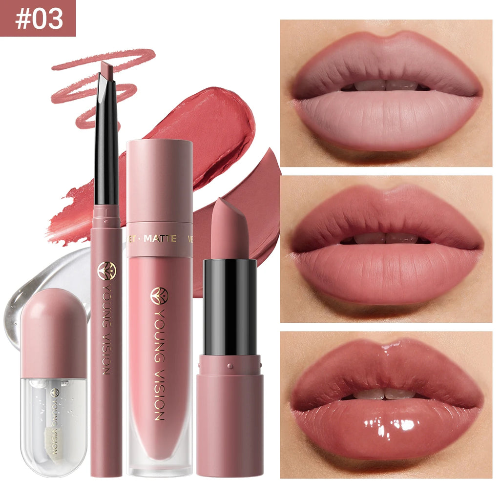 4pcs/Set Long Lasting Waterproof Lip Makeup Kit - Soft Smooth Creamy Lipliner Lipstick & lip gloss lip oil Set