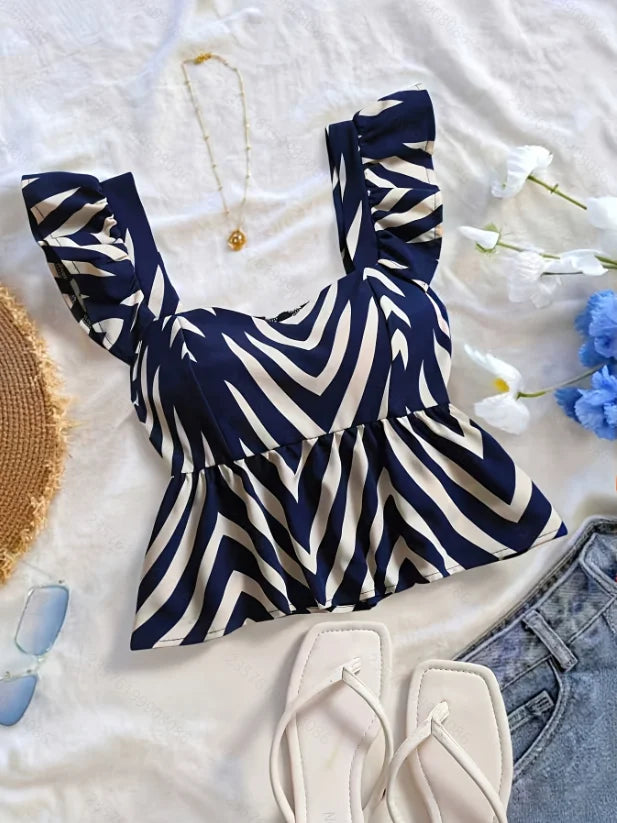 Blouses Shirts Square Collar Striped Women Blouse Shirt Fashion Summer Sleeveless Blouse Shirt Women Tops Camisas De Mujer Q3996