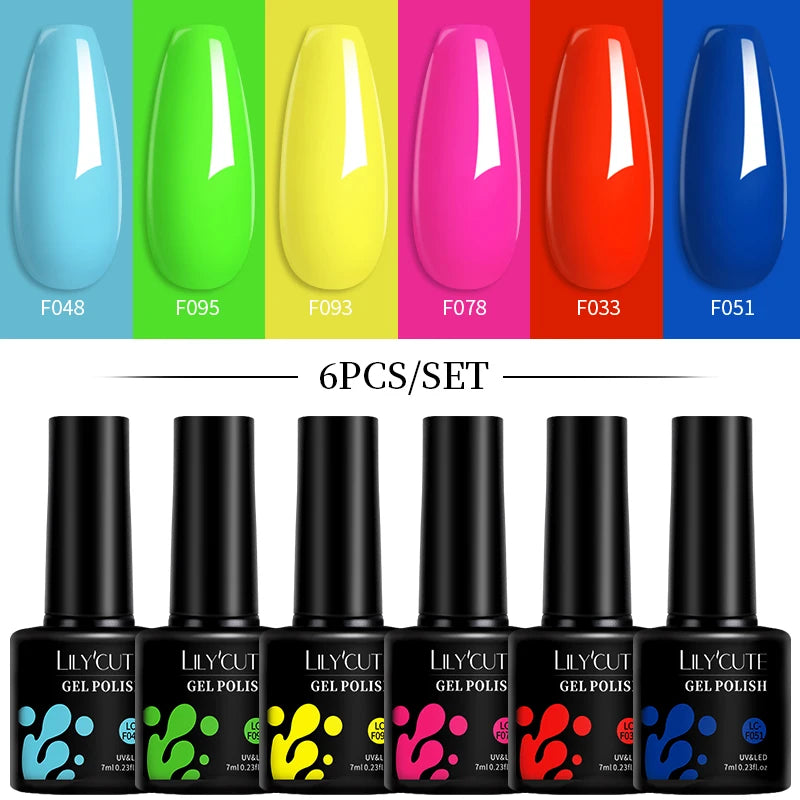 LILYCUTE 7ML 6PCS Neon Gel Nail Polish Set fluorescent Series Color Changing Semi Permanent Soak Off Manicure kit Nail Art Gel Main image