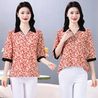 Summer half sleeve Shirt Fashion Commute All-match Ice Silk Printed Button Loose Women's Blouses Top