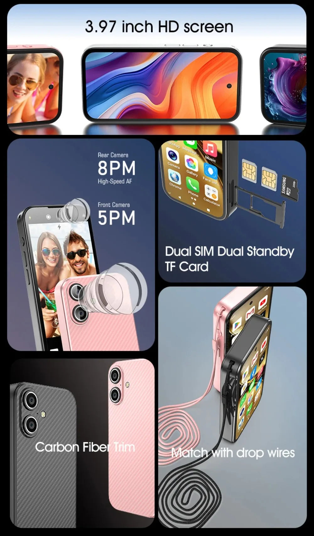 UNIWA Q333 4G 3.58 Inch Mini HD Smartphone 3GB RAM 64GB ROM 2000mAh Mobile Phones BT 5.0 Google Play Store Face ID Small Phone