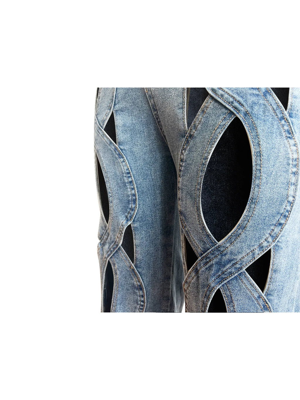 CM.YAYA Women Vintage Cutout Hollow Out Criss Cross Straight Denim Pants 2024 Fashion INS High Waist Wide Leg Jeans Trousers