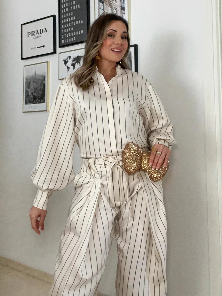 HH Women 2026 New Fashion Versatile Beige Striped Puffy Sleeve Shirt+High Waisted Loose Pleated Casual Long Pants Two Piece  Set