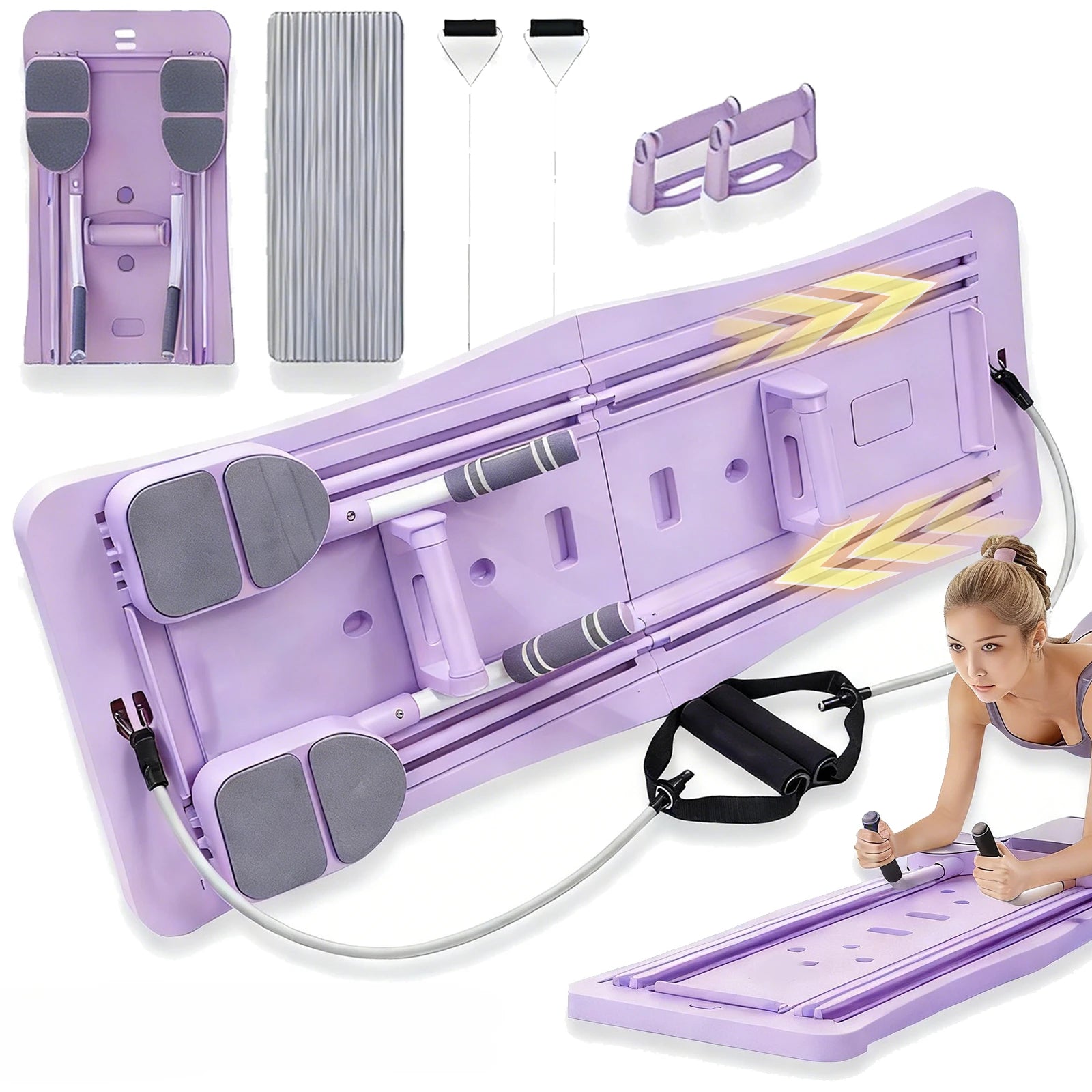 Pilates Sliding Board Foldable Fitness Reformer Platform Home Workout Equipment with Resistance Bands Abdominal Leg Training Machine Multifunctional Yoga Exercise Board Portable Full Body Workout Pilates Board Main image