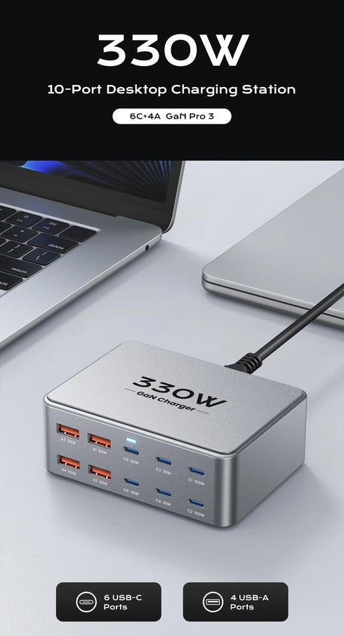 330W USB C GaN Charger 100W PD3.0 PPS QC3.0 Multiport Fast Charging Station For Laptop iPhone 15 16 Samsung Macbook Pro Tablet