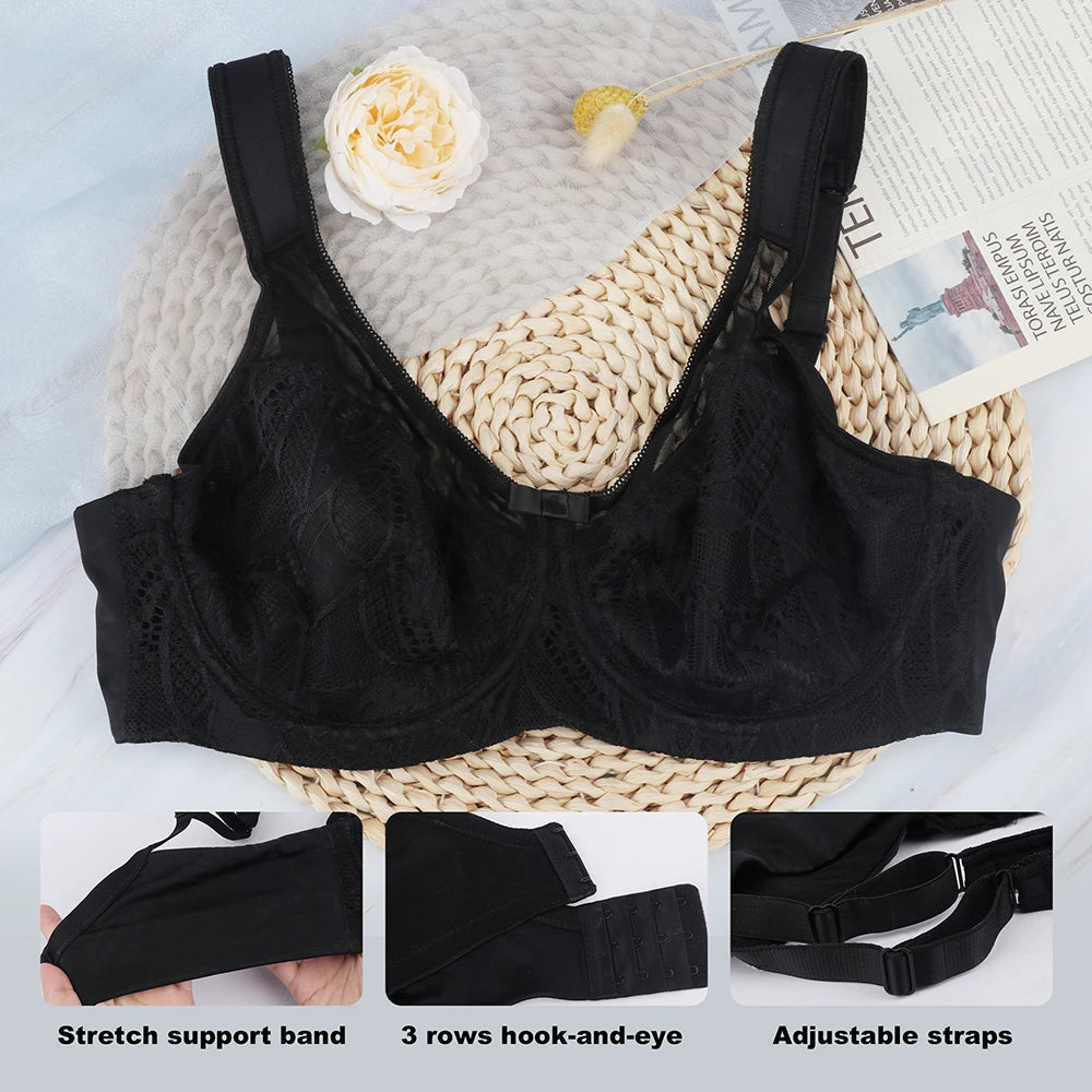 Sheroine Plus Size Women's Lace Floral Minimizer Bra, Underwire Full Coverage Unpadded Bras for Women Lifting Support Comfort