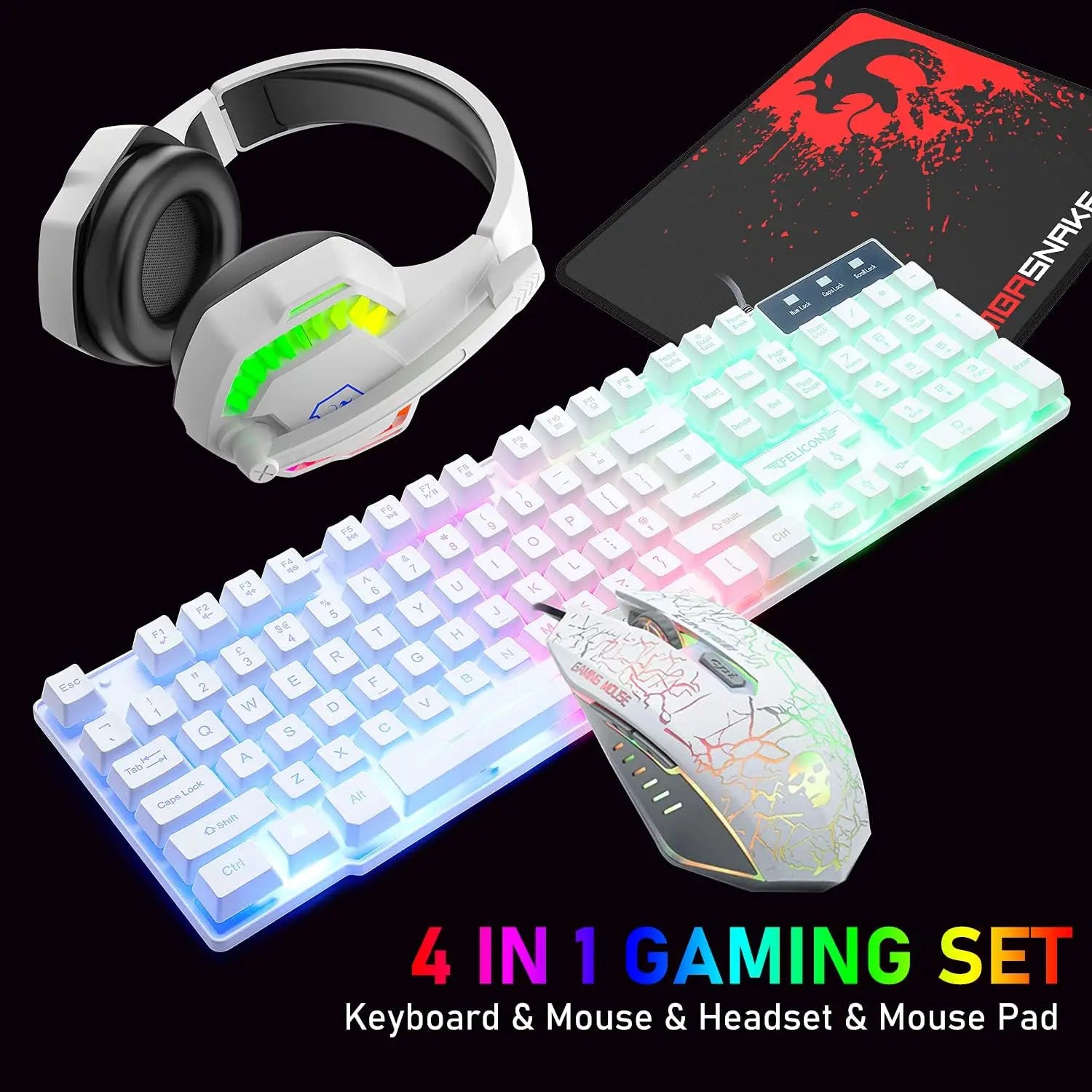 MAMBASNAKE T11 UK 100% Gaming Keyboard&Mouse&Headset&Mouse Pad Combo Set Rainbow Backlit Keyboard, 2400DPI 4 Buttons USB Wired Main image