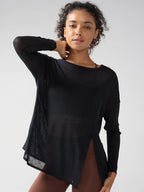 Fashion Women's Breathable Loose Quick Drying Long Sleeve Yoga Shirts Slimming Side Slits Leisure Running Fitness Cycling Tops