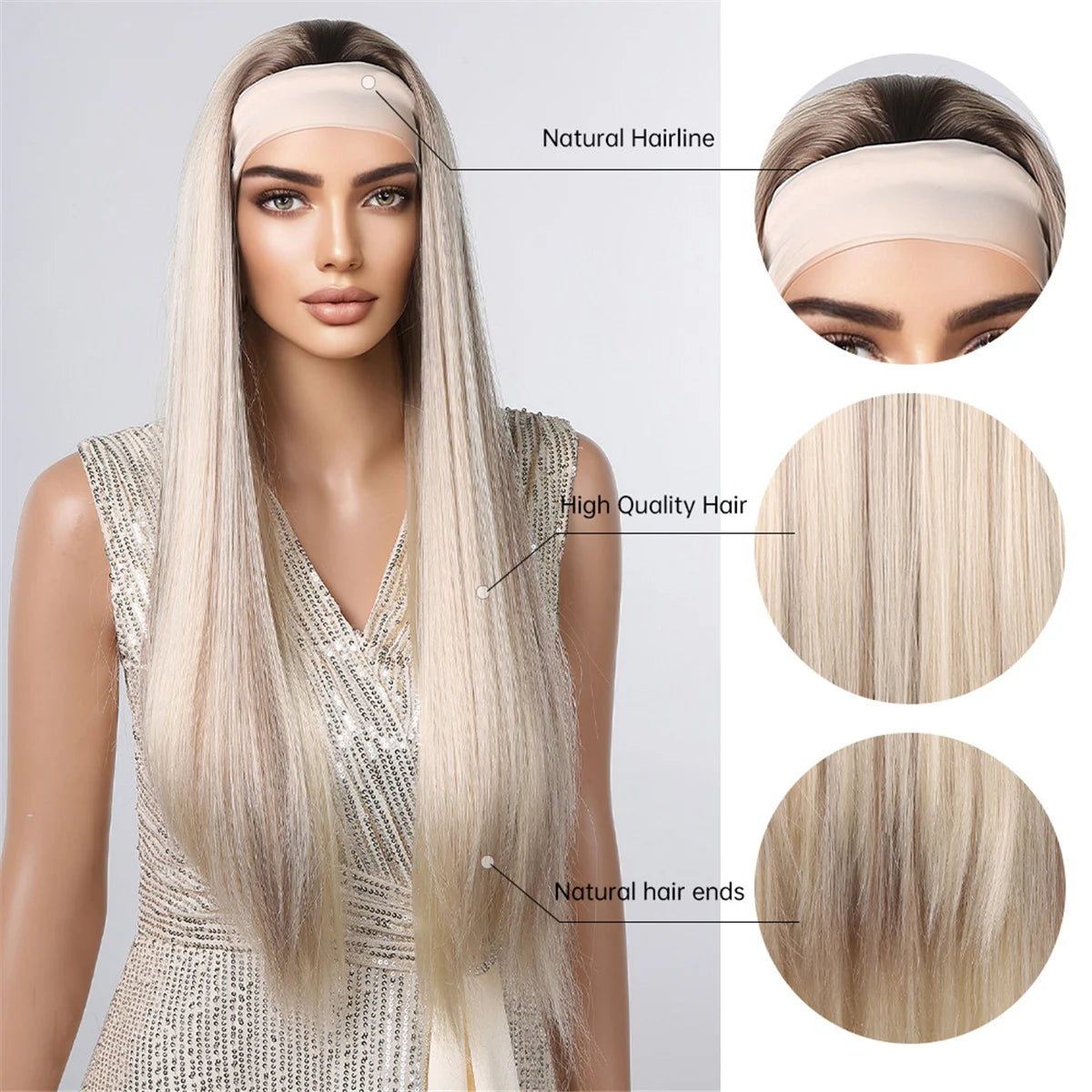 ALAN EATON Long Blonde Synthetic Headband Wig Ombre Blonde Straight Hair Wigs Natural Looking Heat Resistant Fiber for Daily Use Secondary image