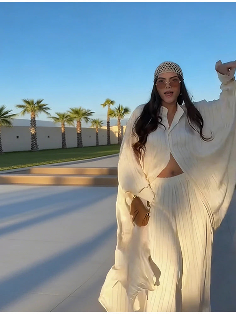 Beige Two Piece Set Women Oversized Button Down Shirt & High Waist Wide Leg Pants Y2k Summer Vacation Kaftan Outfit