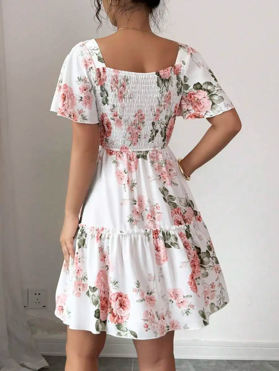 Women Floral Print Sashes Ruffle Hem Short Sleeve Casual Dress, Vacation Style Women's Evening Dresses Secondary image