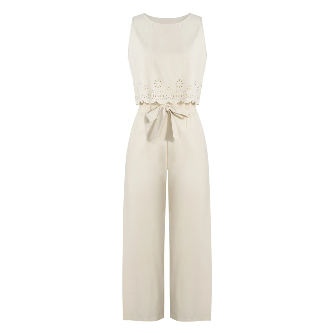 Women's Beige 2-Piece Set Sleeveless Crop Top And Wide Leg Pants Spring Summer Casual Commuting Vacation Outfit