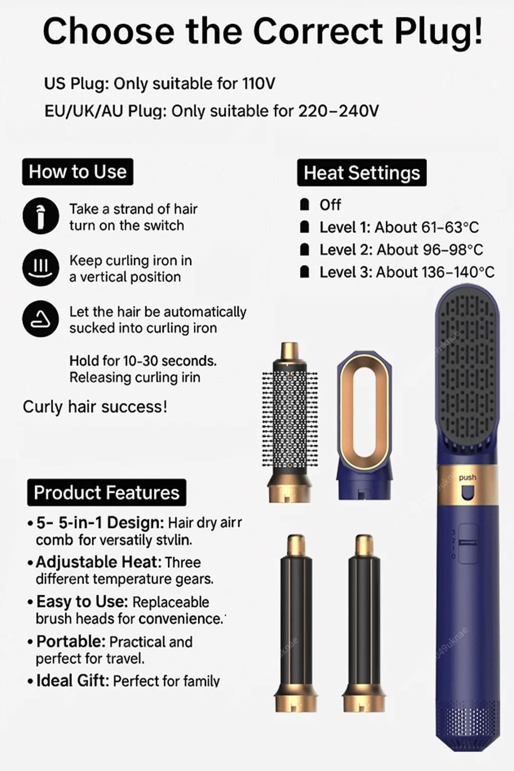 5 In 1 Hair Dryer And Hot Air Comb Brush With Curling Iron Hair Straightener For Fast Drying Curling Straightening And Styling