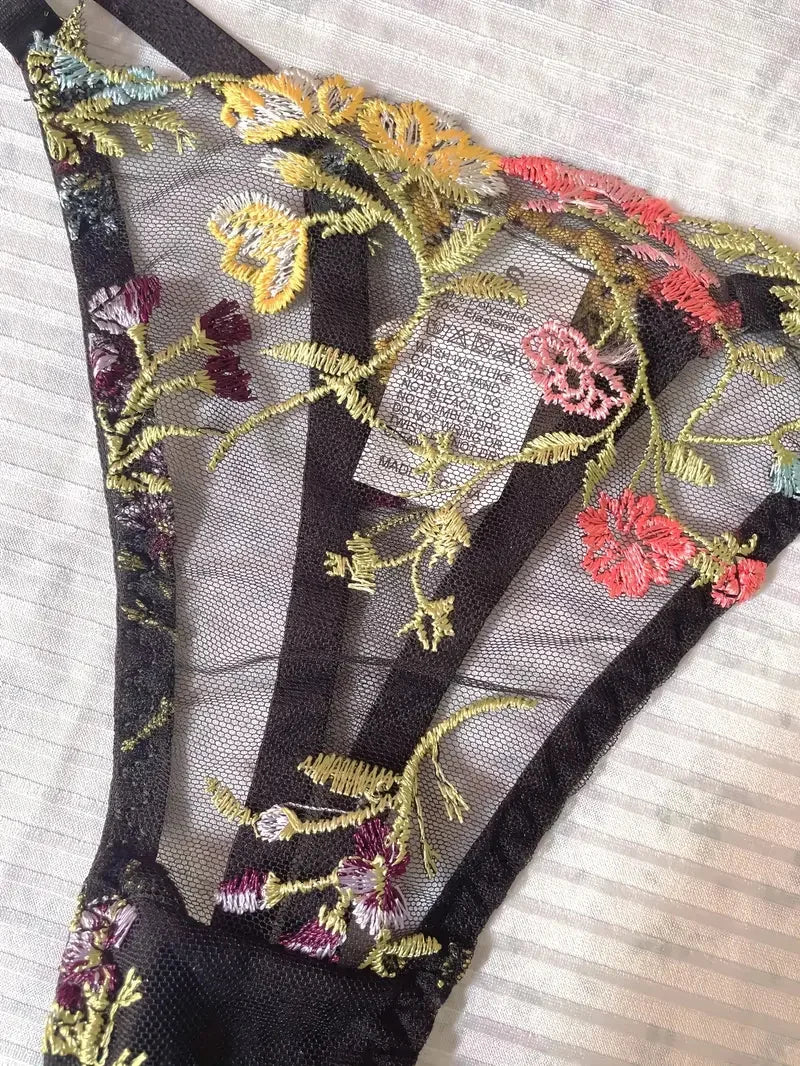 Yimunancy Floral Embroidery Lingerie Set Women Sheer 2-Piece Boho Bra + Panty Underwear Set Intimates