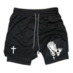 Print 2 in 1 Running Workout Shorts for Men Christian Gym Athletic Performance Shorts with Phone Pocket Towel Loop Activewear