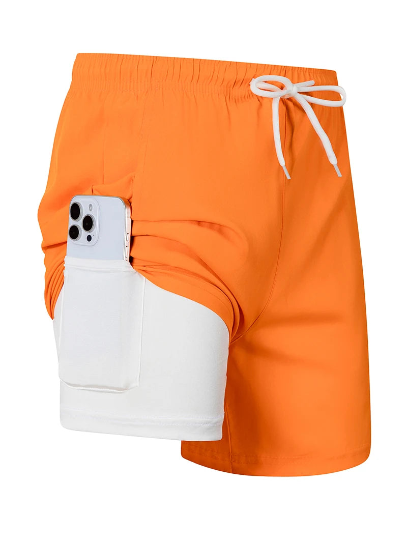 Mens Swim Trunks with Compression Liner Phone Pocket Summer Quick Dry Board Shorts Beach Shorts Swimwear Swimsuit Bathing Suits
