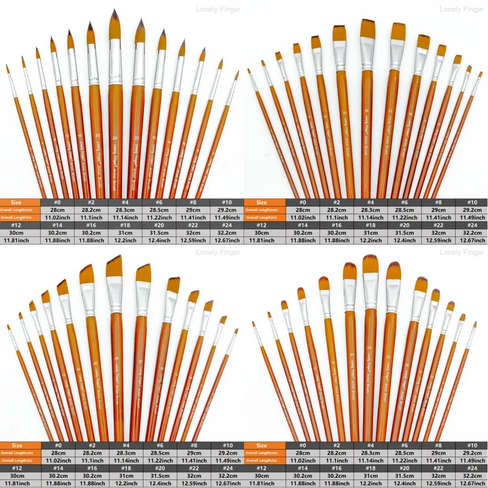 13 Pcs Long Handle Artist Paint Brush Set, 4 Tip Shapes :Pointed/Flat/Angled/Filbert for Multi-Media Art & Craft,Wooden Handle