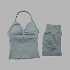 2 Pieces Sports Set Women Backless Halter Tops Fitness Tank Top High Waist Seamless High Stretch Shorts Gym Workout Sets