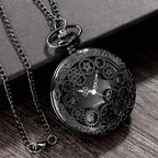 1pc Black Retro Hollow Gear Carved Quartz Pocket Watch Necklace Pendant Clock Chain Men Women Memorial Gift