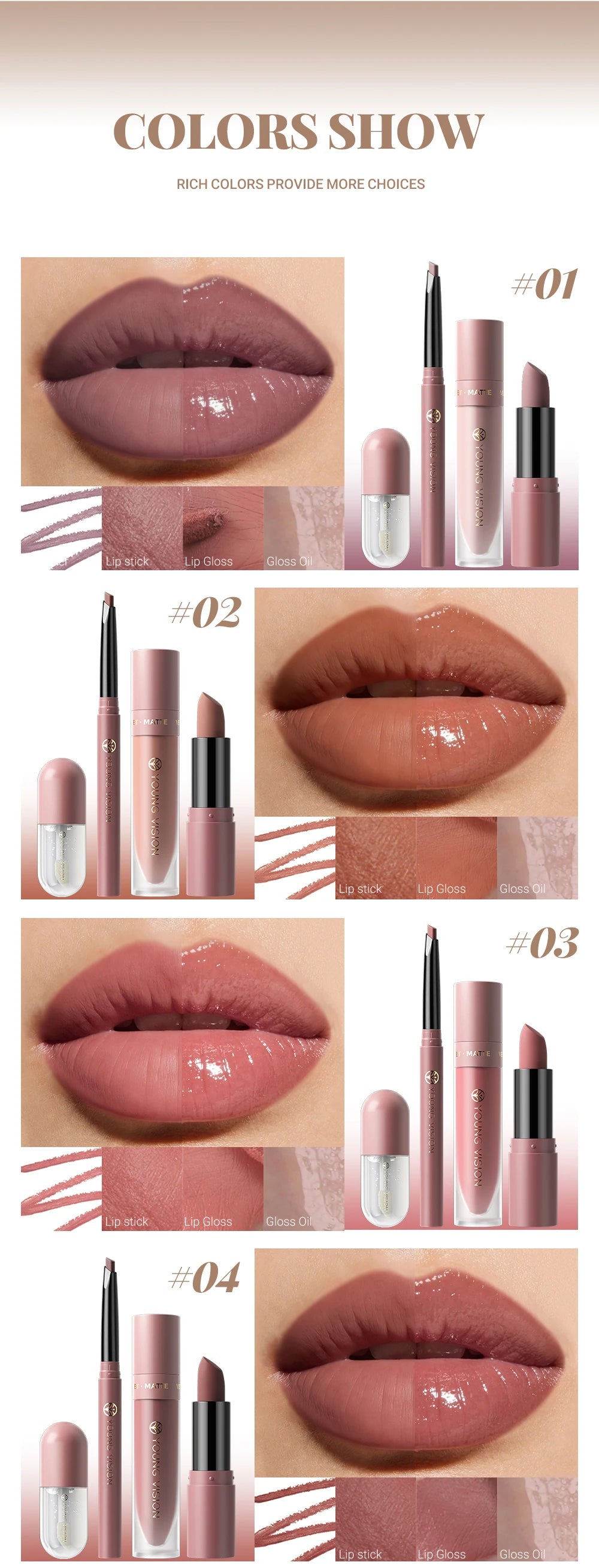4pcs/Set Long Lasting Waterproof Lip Makeup Kit - Soft Smooth Creamy Lipliner Lipstick & lip gloss lip oil Set