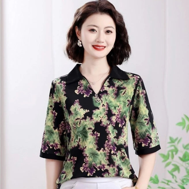 Summer half sleeve Shirt Fashion Commute All-match Ice Silk Printed Button Loose Women's Blouses Top