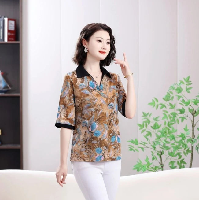 Summer half sleeve Shirt Fashion Commute All-match Ice Silk Printed Button Loose Women's Blouses Top