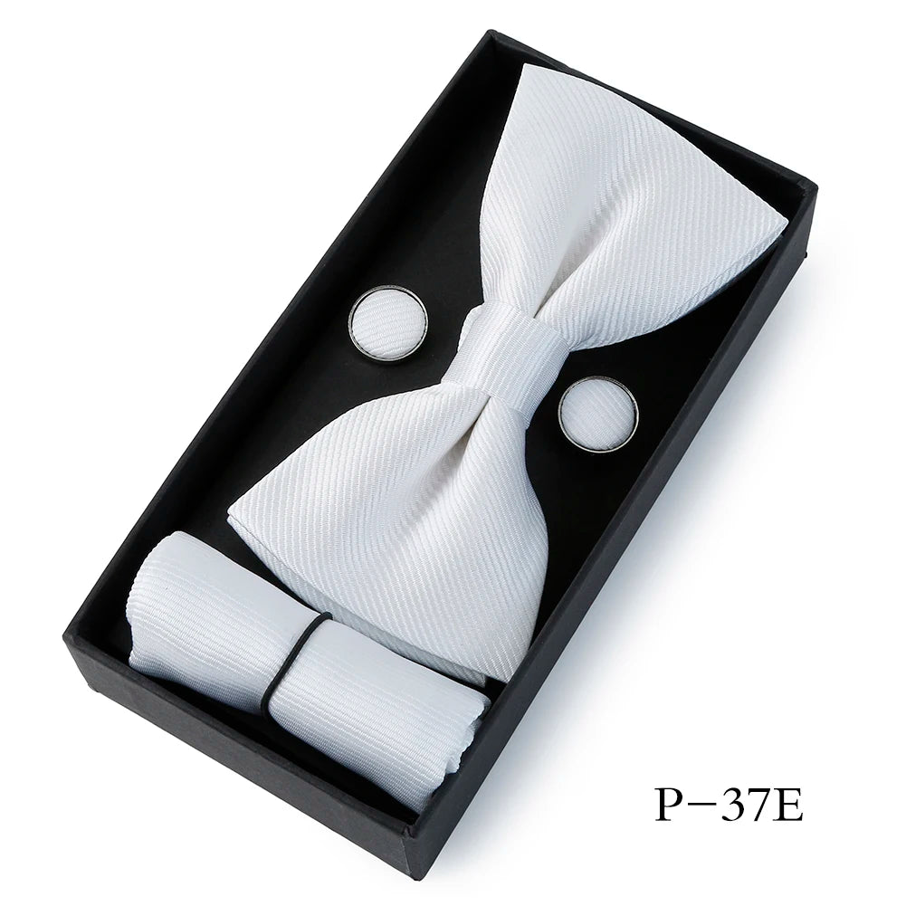 HUISHI Classic Black Bowtie Bow Ties For Mens Butterfly Bowknot Pocket Square Cufflinks Suit Set Bussiness Accessories Gift Box