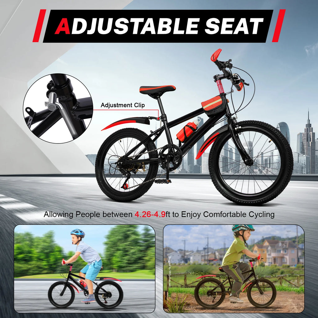 20 Inch Mountain Bike 7 Speed Gears, Adjustable Seat Kids' Bike with Mudguards Kettle Holder Kettle for Boys Girls 8-13 years