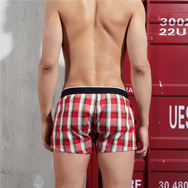 SEOBEAN Classic Plaid Mens Boxer Shorts 100% Cotton Underwear Boxershorts U convex Pouch Arrow Panties Shorts Men Sleep Bottoms