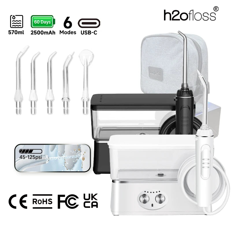 H2ofloss Water Flosser Portable Oral Irrigator 570ml 140PSI High Pressure 6 Modes 5 Nozzles with Storage Bag USB Rechargeable Main image